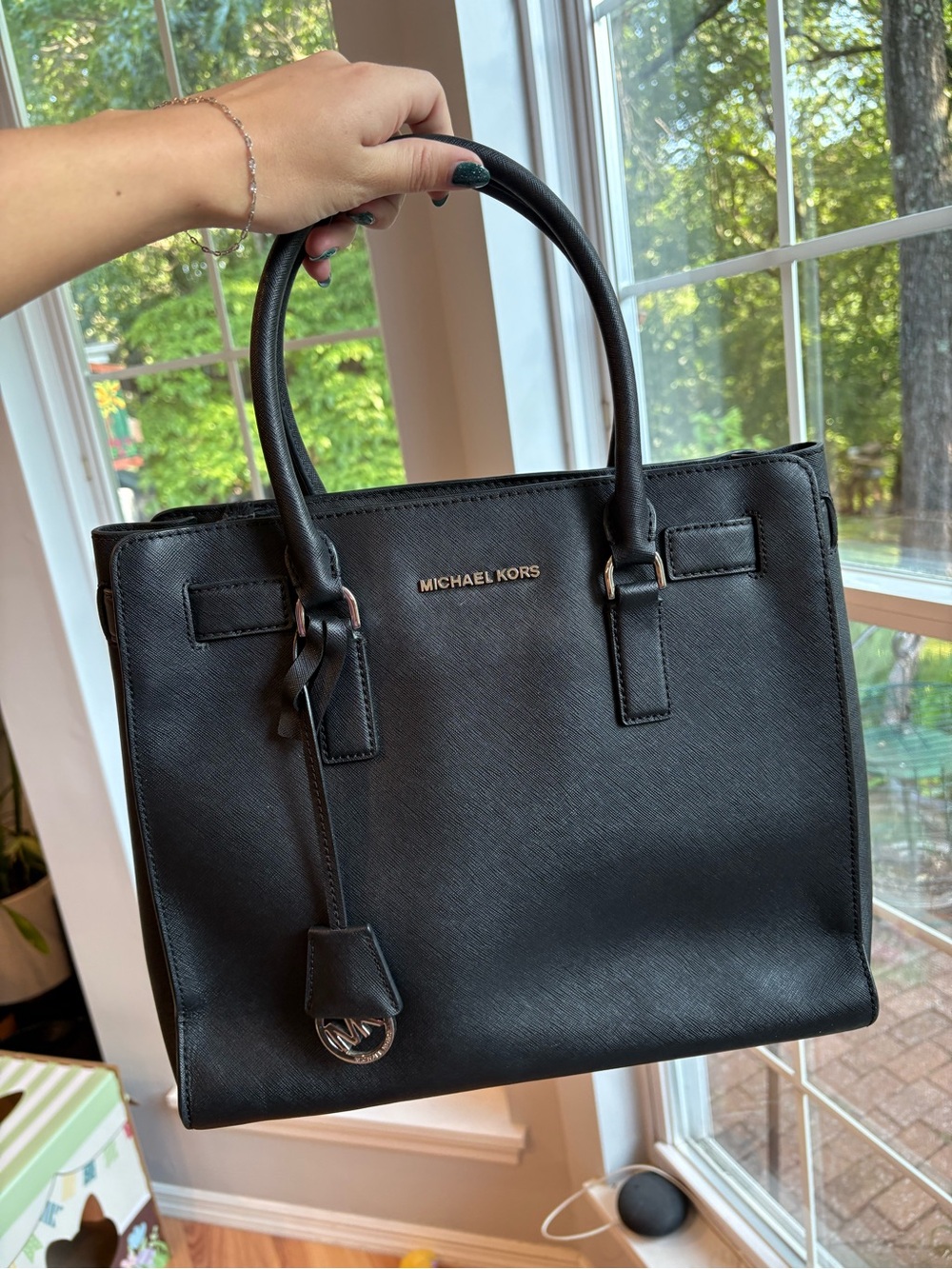 Michael Kors Dillon Black Saffiano Satchel with Silver Logo